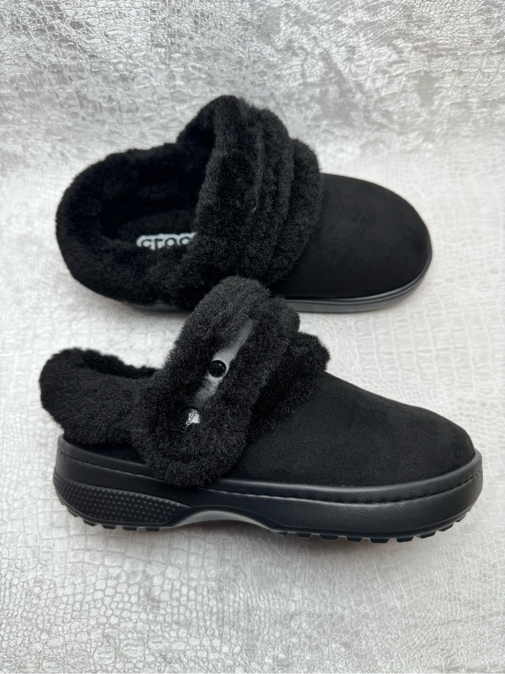 Crocs Classic Unfurgettable Black Vegan Suede Clogs, Women’s Size 6